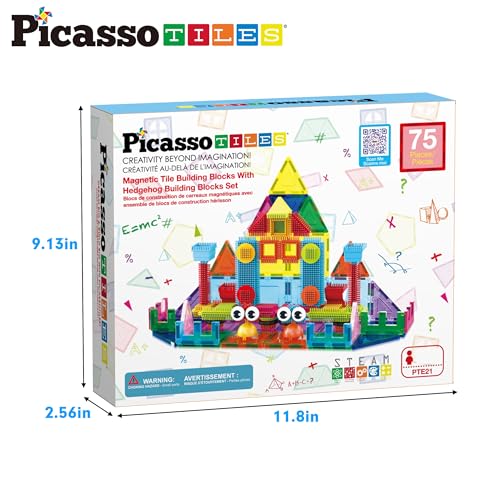 PicassoTiles Magnetic Tiles & Hedgehog 2-in1 Interlocking Brush Connector Magnet Building Blocks Construction Set Learning Playset STEM Toys Development Preschool Education Toy Toddler Age 3 Up PTE21 - style: 75 pcs 2-in1