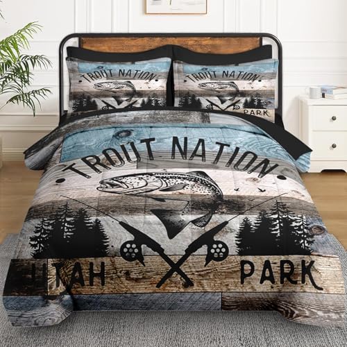 WeCozy Twin Comforter Set with Sheets, 5 Pieces Vintage Fishing Bedding | Bed in A Bag for All Season, Fish Retro Lake Wood, Pillowcase & Sham for Kids and Adults - color: Vintage Fishing, size: Twin