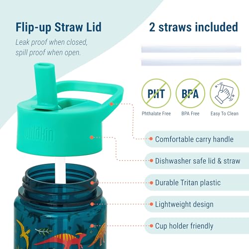 Wildkin 16 oz Tritan Water Bottle Leakproof Straw Lid, Jurassic Dinosaurs | Lightweight Tritan, dishwasher safe, straw lid helps prevent leaks when closed, easy for little hands, ages 3+ - color: Jurassic Dinosaurs, size: 16 Ounces