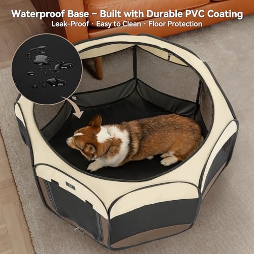 A 4 Pet 30-in Dog Playpen for Small Dogs & Puppies, Brown+Beige | Includes bowl, waterproof floor, pop-up design, home/travel/outdoor use - color: Brown+Beige, size: S(29.92"x29.92"x16.5")