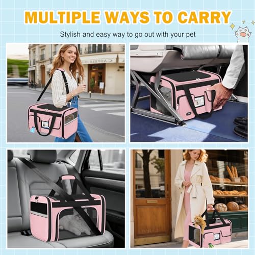 HUANLANG Large Cat Carrier Soft Sided Travel Pet Carrier Airline Approved | Dog Carriers for Small Dogs Medium Cats,Collapsible,3 Storage,zipper lock,Reflective strips,Luggage Strap, Up to 15 L,Pinkbs - color: Pink