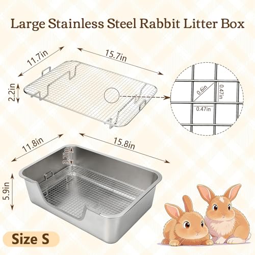 Rypet Large Stainless Steel Rabbit Litter Box Set for Small Animals | High Sides & Low Entry, 304 Stainless Steel Sifting Tray, Bowl and Bottle Included, Non-Slip, Easy to Clean, Odor Control - size: S(15.8"×11.8"×5.9")