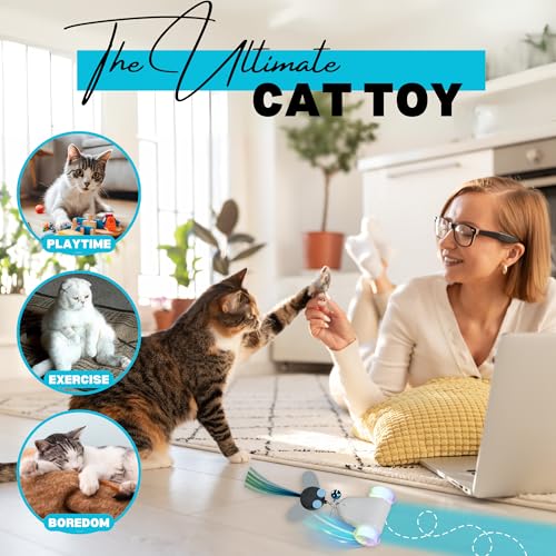 Rolling Rover – Interactive Cat Toy with RGB Wheels, Automatic Moving Mouse-Shaped Design, Feather Butterfly and Bell Attachments, Smart Motion Activated for Indoor Cats & Kittens (Blue) - color: Blue
