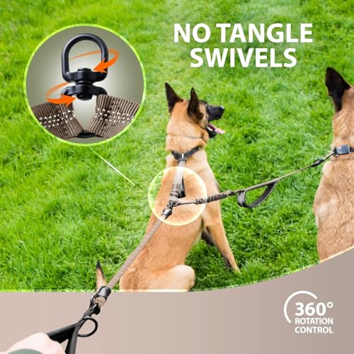 Double Dog Bungee Rope Leash - Dual Dog Lead for Medium and Large Breeds - Padded Handles, No Tangle - Flow Leash, 2 Dogs Walking Accessory - color: Brown