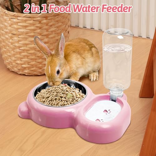 Rabbit Double Bowls Bunny Automatic Water Dispenser Detachable Stainless Steel Bowl No-Spill Water Bottle Food Feeder for Small Animals Bunny Squirrel Cat Puppy Chinchilla - color: Pink