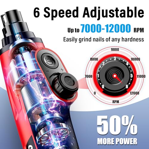 Casfuy Smart 6-Speed Dog Nail Grinder - 50% More Power Pet Nail Grinder with 2 LED Lights Quiet Rechargeable Electric Dog Nail Trimmers File Toenail Grinder for Large Medium Small Dogs & Cats (Red) - color: Red