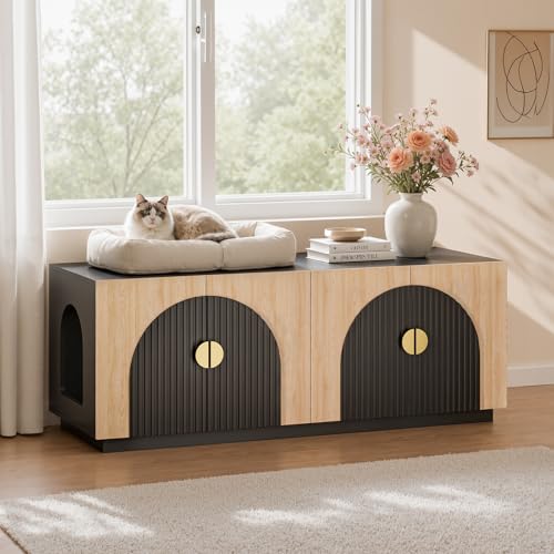 Amunrbrek Double Cat Litter Box Enclosure Furniture with Optional Divider - color: Black and Natural Double