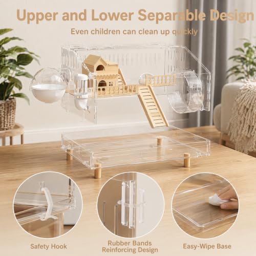 8-in-1 Small Acrylic Hamster Cage, 2-Tier Top Open with All Accessories | Clear 360 Viewing,18.5"x11.8"x14.6",Fits Dwarf Hamsters,Gerbils & Mice,Detachable Tray, Three-sided Ventilation.
