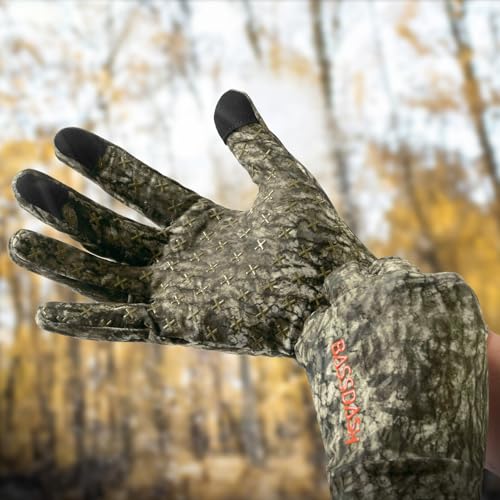 BASSDASH Unisex Fleece Liner Lightweight Camo Hunting Gloves HG07 | Stretch Fleeced Warm Anti-Slip Gloves with Touchscreen for Men Women Cool Weather Shooting Photography Fishing - color: Moss Wood, size: X-Large