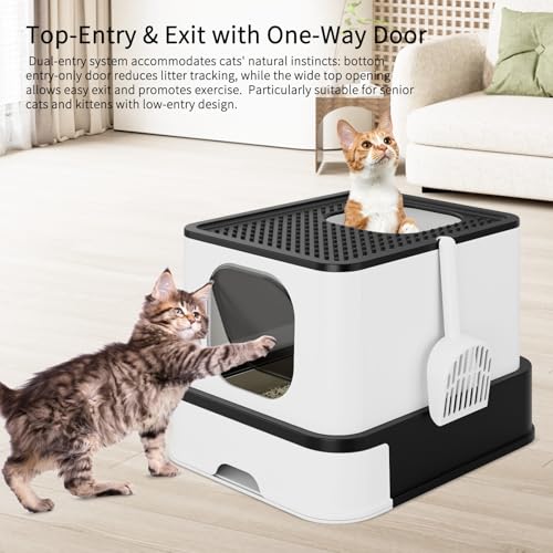RIZZARI Stainless Steel Litter Box: Enclosed Pull-Out Drawer Top Exit | Removable Sifter Tray / High Leak-Proof Walls / One-Way Bottom Entry / Smooth Non-Stick Surface / Spacious for Multi-Cats - color: Black