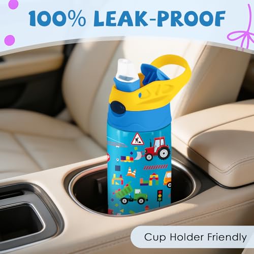 Construction Gifts 12 oz Water Bottle with Straw – Kids Stainless Steel Vacuum Insulated Cup, Leakproof Pop-Up Spout, Reusable Travel Mug for Boys and Girls Outdoor Sports - Under Construction - color: Car1