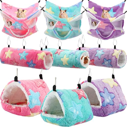 Abbylike 9 Pieces Rat Hammock 3 Tier Guinea Pig Ferret Hammocks Small Pet Hanging Tunnel Glider Toy Guinea Pig Ferret Hideout Bed Cage Accessories for Hamster(Green, Purple, Pink,Star) - color: Green, Purple, Pink