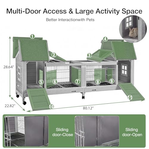 Rabbit Hutch Indoor Outdoor, Large Bunny Cage with Double House and Run, 10.4 ft² Guinea Pig House, Upgrade Deeper No-Leak Trays, On Wheels for Easy Moving - color: （Grey-AIR68)