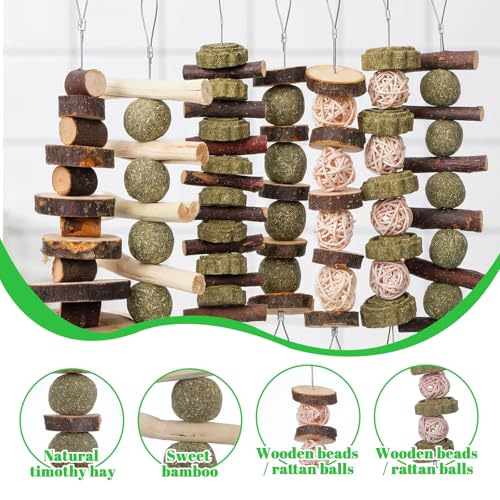 7 Pcs Bunny Chew Toys, Natural Apple Wood Hanging Rabbit Chew Toy Treats for Guinea Pigs Hamsters Chinchilla Ferret Rats, Improve Small Animal Dental Health for Teeth Grinding