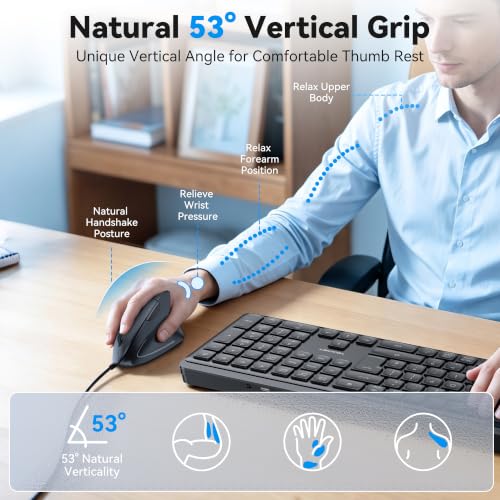 TECKNET Wired Mouse, Comfortable Ergonomic Mouse with 6400 DPI | Plug & Play, 4-Level Adjustable DPI, Silent Click, Vertical Mouse Compatible with Laptop/PC/Windows/Chromebook - color: Grey