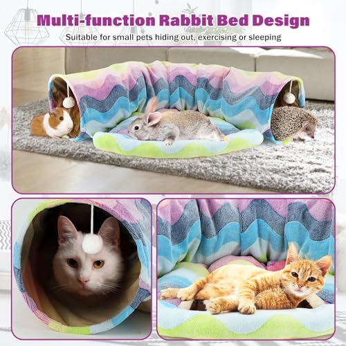 BWOGUE Bunny Tunnel Bed, 2-in-1 Collapsible Rabbit Tunnel Hideout with Mat | Removable Mat for Washing, Ball Toy for Play, Tunnel Tubes for Hiding, Soft Suede Fabric, Cats Rabbits Guinea Pigs - color: Rainbow