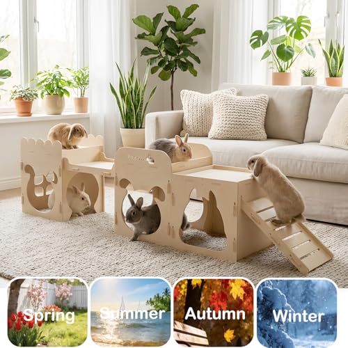 Extra Large Rabbit Castle, Wooden Bunny House & Training Bridge, Detachable Rabbit Hideaway, Indoor Hamster Castle with Ramp, Small Animal Houses & Habitats for Guinea Pig Chinchilla Ferret(2+1 House) - size: Extra Large-2+1 House