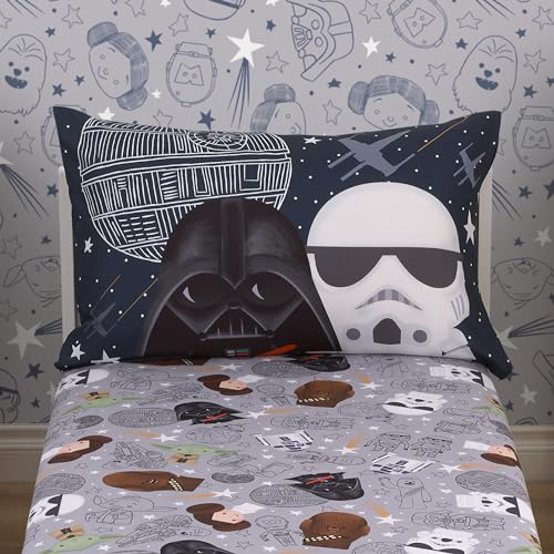 Star Wars Welcome to the Galaxy Navy and Gray Yoda, Princess Leia, R2-D2, and Chewbacca 2 Piece Toddler Sheet Set - Fitted Bottom Sheet and Reversible Pillowcase - color: Welcome to the Galaxy