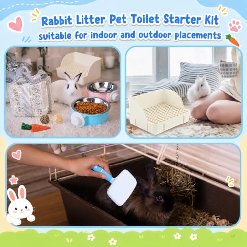 Reallnaive 15 Pcs Rabbit Starter Kit Small Rabbit Litter Box Girls Gift Animal Grooming Kit Bunny Toys Bowl Blankets with Cleaning Set for Guinea Pig Accessories(Cream White) - color: Cream White