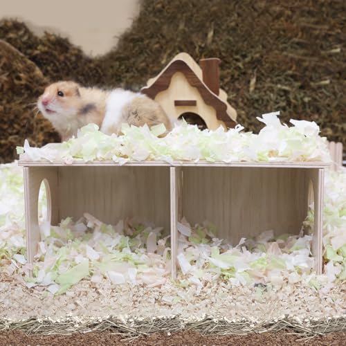 Hamster Peep Tunnel, 2-Chamber Wooden Hamster Hideout, Water-Resistant Platform for Syrian Hamsters and Small Pets, 11" x 5.3" x 4.3" - size: Large for Syrian Hamster