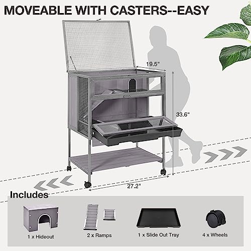 Guinea Pig Cage, Moveable Metal Frame Hamster Cage Anti-Chewing with Aluminium Alloy Edge, Hideouts, Ramps, Seesaws Chewing Toy, Deeper Pull-Out Leakproof Tray for Indoor Outdoor(Grey) - color: Grey