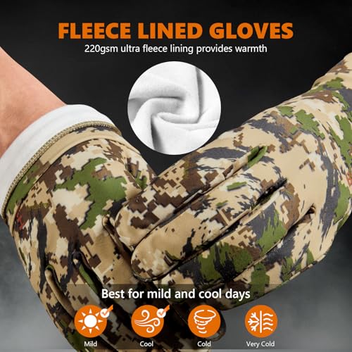 BASSDASH Unisex Fleece Liner Lightweight Camo Hunting Gloves HG07 | Stretch Fleeced Warm Anti-Slip Gloves with Touchscreen for Men Women Cool Weather Shooting Photography Fishing - color: Highland, size: Small