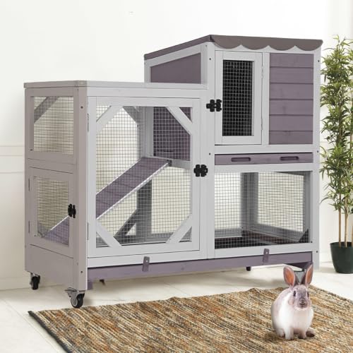 GUTINNEEN 2-Story Rabbit Hutch Indoor Bunny Cage Outdoor Guinea Pig House Wooden Small Animal Cage with Chew-Proof Ramp, Leak-Proof Tray, Lockable Wheels for 2-4 Rabbits, Guinea Pigs (Grey) - size: 39.3"L x 22.0"W x 36.8"H