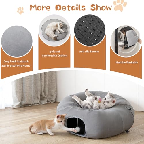Pawaboo 2-in-1 Cat Tunnel Bed, 8-Shaped Cat Tunnels, Grey | Foldable Cats Cave Hideout Kitty Toys with Fluffy Balls, Donut Tunnel for Kitten Rabbit Ferret - color: Gray, size: 68.9 x 31.5 x 11.8in
