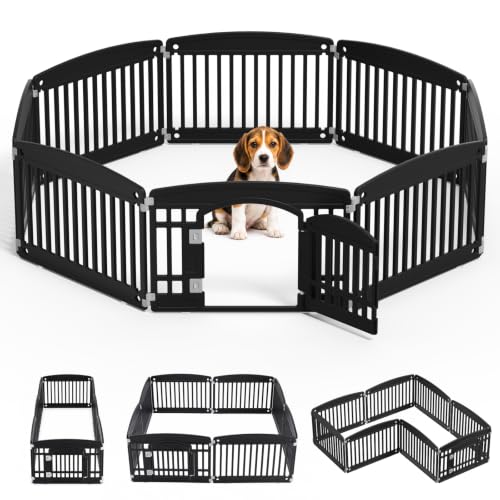 NEWBULIG 8 Panels 24 Inch Dog Playpen, Plastic Pet Play Pen Fence | Portable, Secure Locking Door, Indoor Outdoor Yard RV Camping, Small Medium Dogs, Black - color: Black, size: 8 Panels/24IN