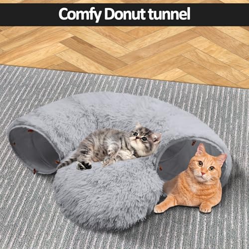 Indoor Cat Tunnel Bed with Central Mat, Under Christmas Tree Soft Fluffy Plush Collapsible Multi-Combinations Cat Donut Bed for Cats, Rabbits, Ferrets, Small Animalls(Gray) - color: Grey