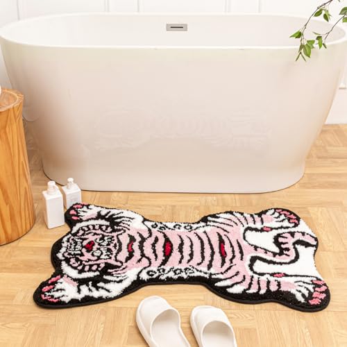 Tibetan Tiger Rug, Pink Tiger Bath Mat Fun Animal Bathroom Rug | 24 x 40 In, Soft Plush Pile, Non-Slip Backing, Washable, Irregular Shape, Bedroom and Living Room Floor Accent - color: Pink
