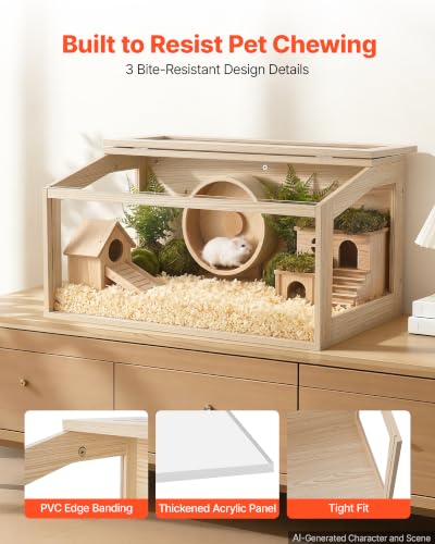 VEVOR Wooden Hamster Cage 31.9"x16.1"x16.1" 270° Viewing Hamster Habitat, Chewproof Acrylic Small Animal Cage with Openable Top, Large Pet Enclosure for Syrian/Dwarf Hamsters, Guinea Pigs & Gerbils - size: 31.9"L x 16.1"W x 16.1"H