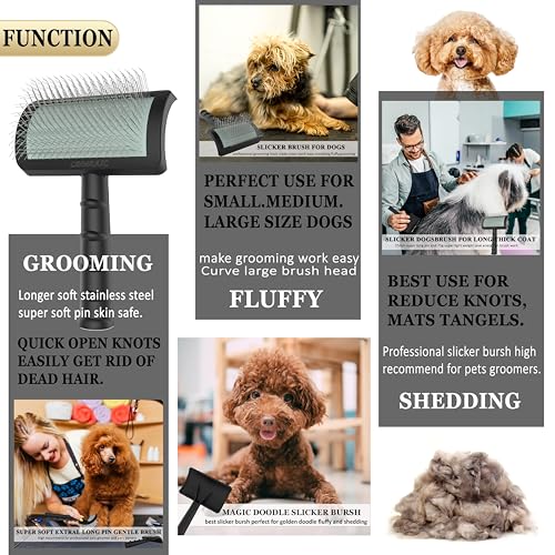 Doodle Brush Poodle Slicker Brush for Grooming Fluff Shedding Easy. | Curved Long Soft Bristles Cats Dogs Slicker Brush,Reduce Long Thick Curly Hair Tangles,Mats,Knots,Fluffy Matted Hair.25mm - color: black