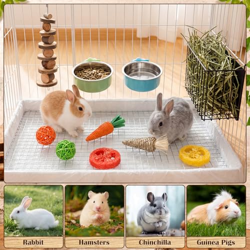 Rabbit Hay Feeder Set with 2 Bowls and Chew Toys, Heavy Duty Metal Hay Holder for Rabbits, Guinea Pigs and Chinchillas, Hanging Cage Feeding Accessories