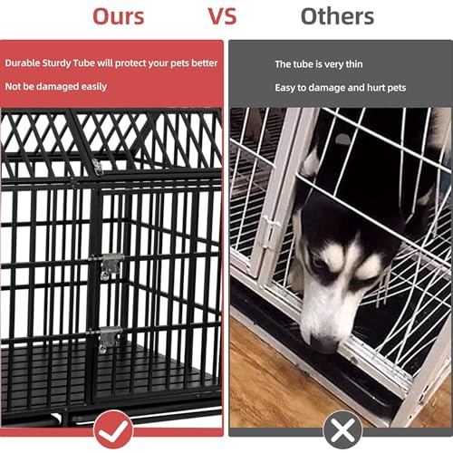 50 inch Heavy Duty Indestructible Dog Crate with 2 Bowls, Steel Double Door Indoor High Anxiety Cage for Large Giant Dogs, Escape-Proof Chew-Proof Pet Kennel with Trays and Wheels, Extra Large XL XXL - size: 49.2"L x 29.7"W x 46.3"H