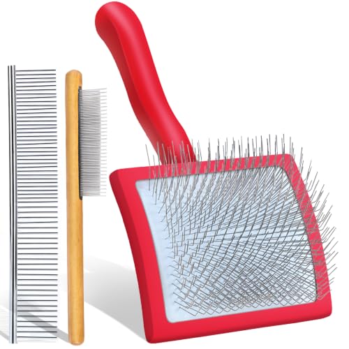 Wooden Long Pin Slicker Brush for Large Dog, Poodles & Doodles Long Hair | Grooming, Fluff & Detangle Heavy Dense Wavy Curly Coats to Easily Prevent Severe Hair Matting During Shedding Seasons - color: Red