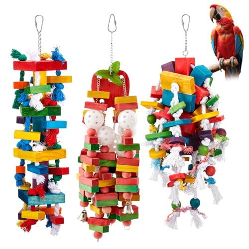 Seenelling 3 Pcs Extra Large Bird Parrot Toy Multicolored Natural Wooden Parrot Cage Chewing Toys for Large Medium Macaws Cockatoos African Grey Birds (Block and Rope) - style: Block and Rope