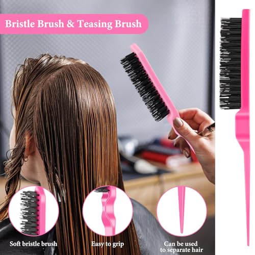 NICEMOVIC 102 Piece Edge Brush Bulk Set with 34pcs Teasing Brushes, 34pcs Rat Tail Combs, and 34pcs Edge Brushes for Women and Girls - Pink
