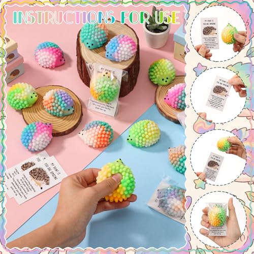 HyDren 60 Set Inspirational Hedgehog Stress Ball Gift Bulk Postive Cards | Back to School Gifts, Squeeze Stress Relief Ball, Motivational Card, Fidget Toys for Coworker, Adult, Employee Appreciation - style: Hedgehog