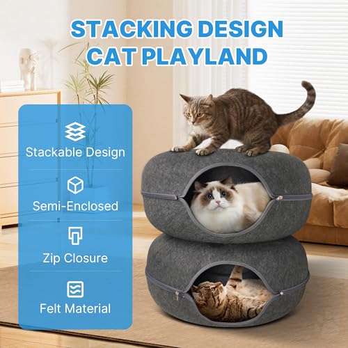 2-Level Detachable Large Cat Tunnel Bed for Indoor Cats, Scratch-Resistant Felt Donut Cat Cave, Supports Up to 30 lbs, Peekaboo Cat Tube (Dark Grey, L 24 x 24 x 22 in)
