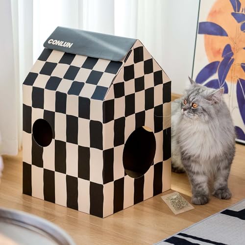 Conlun Cardboard Cat House with Scratch Pad & Catnip, Cat Play Scratching House for Indoor Hideaway Furniture, Heavy Duty Sturdy Cardboard Scratcher, Easy to Assemble Birthday Gift, Medium | 2-in-1 cozy cave, heavy-duty recycled cardboard | traps messy cr