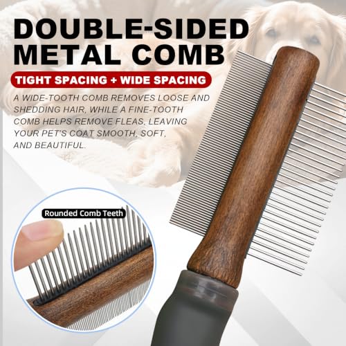 HOP 2-in-1 Dog Dematting&Deshedding Comb with Wooden Handle 8.31in/21.1cm | Double-Sided Fine&Wide Metal Tooth Dematting Comb,Pet Flea Comb for Dogs&Cats,Gentle Remove Loose Hair Tangles Dirt Fleas