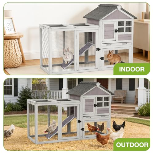 Outdoor Rabbit Hutch with Run, 2-Tier Fir Wood Bunny Cage, Waterproof Roof, Pull-Out Tray, Secure Latches, 51.6 x 20.8 x 36.2 in, Grey - color: Grey, size: 51.6"L x 20.8"W x 36.2"H