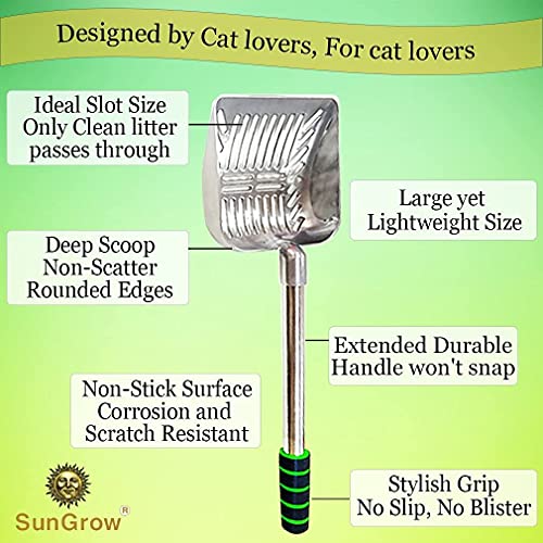 SunGrow Cat Litter Scoop, Stainless Steel Long Handle Chicken Coop Poop Scooper, Comfortable 9” Handle, 5” Wide Mouth, Narrow Slits and High Sides Metal Sifter, for Litter Boxes or Gardening