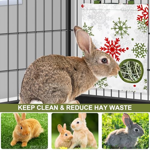JarThenaAMCS 2 Pcs Winter Snowflake Rabbit Hay Feeder Bag with 2 Holes 11.5 x 9 Inch Christmas White Guinea Pig Hanging Hay Feeding Bag Storage Dispenser for Xmas Hamster Bunny Small Animal Pet