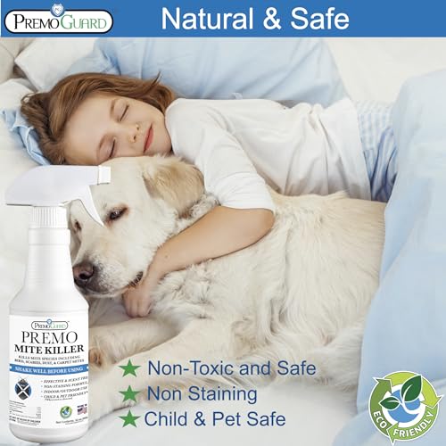 Premo Guard Natural Mite Spray, Kills Dust, Bird, Carpet, and Other Mites | Plant Based Treatment For Spider, Rat, Human Sabbies Mites, Safe For Families, Pet, Home, Bedding & Furniture - size: 32 oz