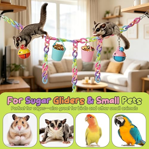 Sugar Glider Toys, Cage Accessories Hanging Climbing Toy Set with Bells | 66 Plastic Links, Bells & Feeding Buckets, Hanging Climbing Toy Set, Foraging Activities, Small Pet Cage Accessories