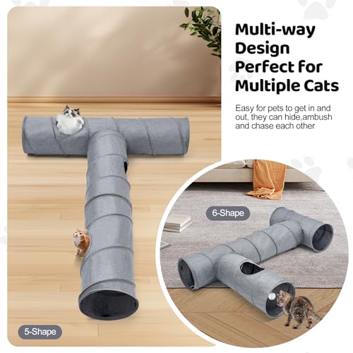 Cat Tunnel, 3 Straight Shaped Tunnels 6 DIY Shapes with Wand Toys, No Noise Scratch Resistant Cool Linen Fabric, Interactive Pet Tunnel Tube for Indoor Cats, Puppy and Rabbits - color: Grey