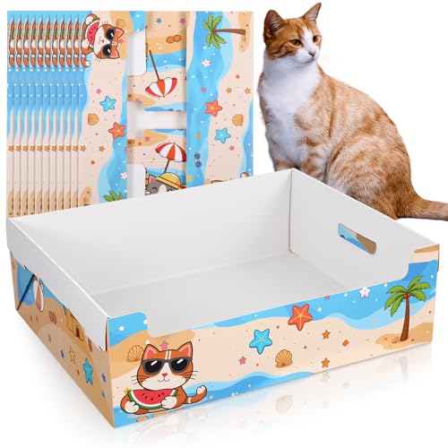 Domensi 10 Pack Travel Litter Box for Cats, Summer Portable Litter Box, Disposable Foldable Waterproof Cardboard Temporary Use Cartoon Cute Beach Theme for Kittens Rabbits Pigs, Gift for Cat Lovers
