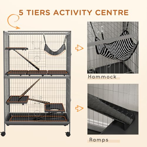 PawHut Metal Small Animal Cage, 5-Tiers Rolling Big Ferret Cage, Gray | with Hammock, Removable Tray, for Chinchilla, Sugar Glider - color: Grey, size: 31.5"L x 20.5"W x 50.5"H
